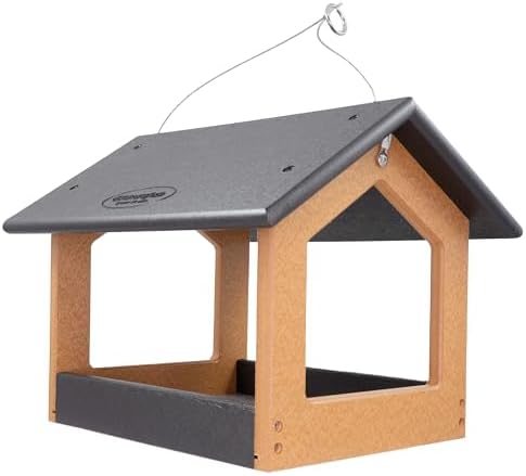 Amish USA Made Recycled Plastic Large Hanging Modern Fly Through Covered Roof Open Platform Tray Bird Feeder for Outdoors, Garden, Yard (Black & Bright Cedar)