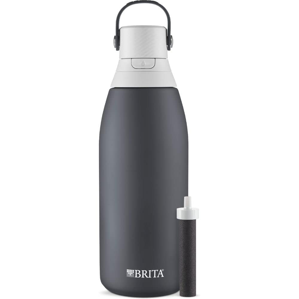Brita Insulated Filtered Water Bottle with Straw, Reusable, Christmas Gift and Stocking Stuffer For Men and Women, Stainless Steel Metal, Carbon, 32 Ounce