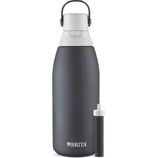 Brita Insulated Filtered Water Bottle with Straw, Reusable, Christmas Gift and Stocking Stuffer For Men and Women, Stainless Steel Metal, Carbon, 32 Ounce