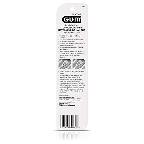 GUM Tongue Cleaner - Dual Action Soft Bristled Tongue Brush with Tongue Scraper for Better Oral Hygiene - Bad Breath Treatment (3pk)
