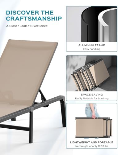 Aluminum Chaise Lounge Ourdoor - Foldable & Assemble Free Outdoor Lounge Chair with 5 Adjustable Backrest, Patio Lounge Chair for Outside Poolside Beach Pool, Khaki
