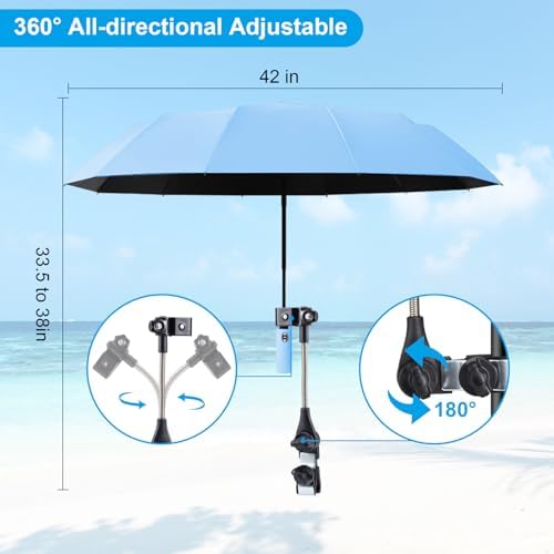 Beach Chair Umbrella with Clamp Clip on Umbrellas for Chair 42 Inches Adjustable Sun Umbrella for Camping Outdoor Chair UPF 50+ Folding Umbrella for Travel Plant Shade Wheelchair