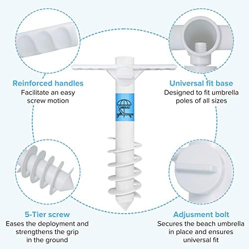 AMMSUN Beach Umbrella Sand Anchor Heavy Duty, Outdoor Umbrellas Base with 5 Spiral Screw, Universal & One Size Fits Most Beach Umbrella, Safe Umbrella Holder Stand Ideal for Strong Winds White