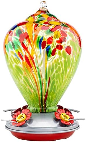 Muse Garden Hummingbird Feeders for Outdoors Hanging, Blown Glass Hummingbird Feeder, Hummingbird Gifts for Mom, Garden Decor for Outside, Unique Gifts Idea for Women, 34 OZ, Green Fireworks