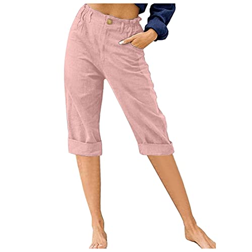 APIVOE Linen Capri Pants for Women Summer Casual Elastic Waist Cropped Pants Cotton Wide Leg Plus Size Capris with Pockets