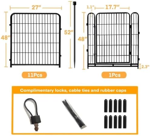 Tall Garden Fence with Gate 48 in(H)×27 in(L) 12 Panels Total 26.6 Ft(L), Garden Fencing to Keep Dogs Out, Heavy Duty Iron Metal Animal Barrier Fence, Flower Bed Fencing