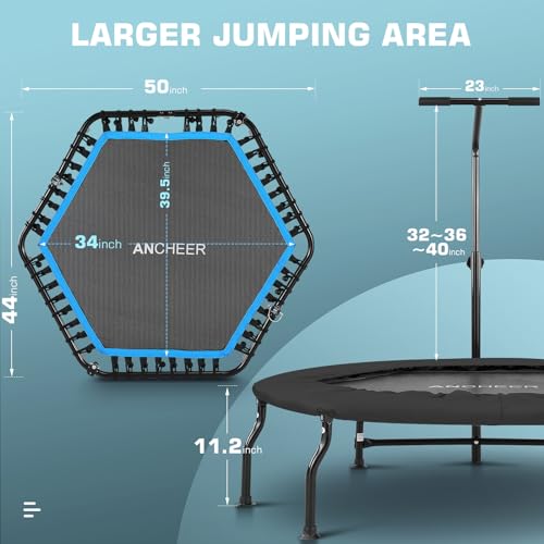 ANCHEER 40" Foldable Mini Trampoline Max Load 450lbs, Fitness Trampoline with Bungees, Adjustable Foam Handle, Indoor Exercise Trampoline for Adults Inoor/Garden Workout (Blue 50'')