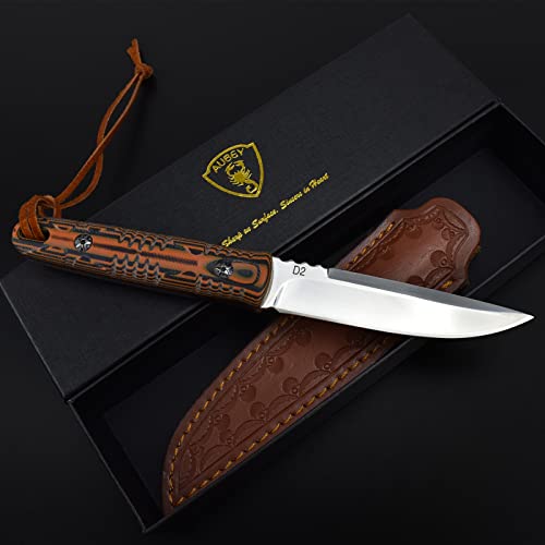 AUBEY Fixed Blade Hunting Knife Full Tang with Leather Sheath for Men, D2 Blade Outdoor Survival Camping Knife, G10 Handle