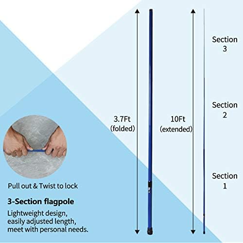 Anley 10Ft Telescopic Flagpole - Retractable Fiberglass Outdoor Telescoping flag pole - Reinforced Twist-to-tighten Section & Clip Hook Top - Lightweight Durable Pole (Blue)