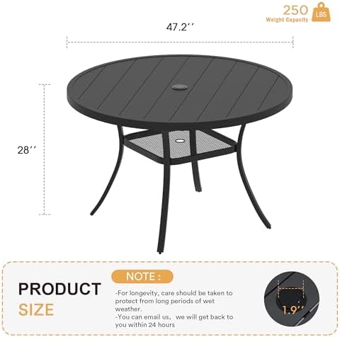 VICLLAX 47.2" Outdoor Round Patio Table for Lawn Garden, All Weather Metal Round Patio Dining Table with Adjustable Umbrella Hole, 6 Person Patio Table, Black Tabletop