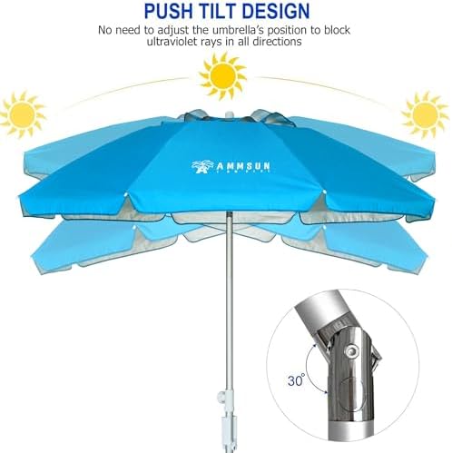 AMMSUN 6.5ft Twice Folded Portable beach umbrella with Sand Anchor Windproof Tilt Pole Air vent UPF 50+ Protection Fits in a large Suitcase Compact For Travel Patio Garden Pool Backyard Sky Blue