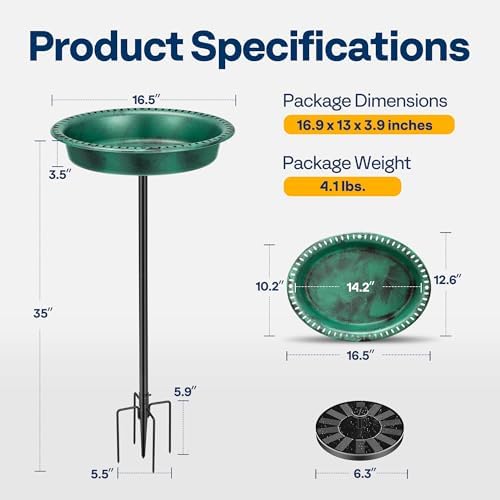 VIVOHOME Oval Polyresin Bird Bath Bowl with Solar Fountain, 29 Inch Height Outdoor Freestanding Birdfeeder with Metal Stake, Capacity 1.3 Gallons, 5-Pronged Base, Green