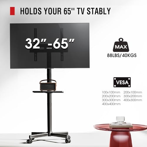 AOKCOS Rolling TV Stand - Mobile TV Stand on Wheels for 32-65 inch Flat/Curved TVs with Tilting, Height Adjustment Portable Rolling TV Cart Hold up to 88 Lbs for Livingroom, Bedroom, Office, Outdoor