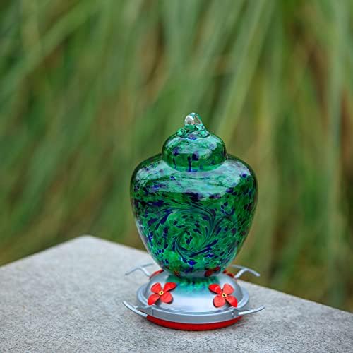 REZIPO Hummingbird Feeder with Perch - Hand Blown Glass - Green(Firework) - 38 Fluid Ounces Hummingbird Nectar Capacity Include Hanging Wires and Moat Hook, blue/Green