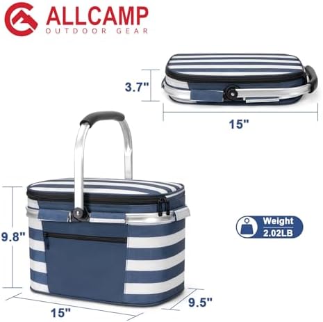 ALLCAMP Insulated Picnic Baskets Shoping Basket Cooler Bag Collapsible Portable Picnic Basket (Blue White Stripe)