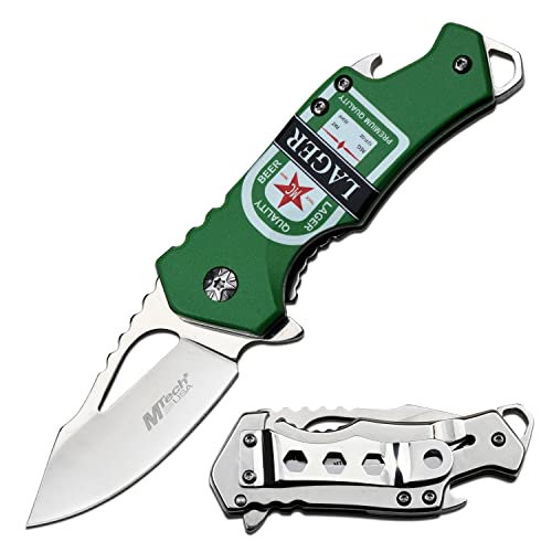 MTech USA – Spring Assisted Folding Knife – Satin Finish Fine Edge Steel Blade, Aluminum Handle w/Lager Beer Graphic, Bottle Opener and Pocket Clip, Tactical, EDC, Self Defense- MT-A88L