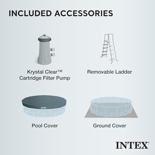 Intex 26725EH Prism Frame Premium Above Ground Swimming Pool Set: 15ft x 48in – Includes 1000 GPH Cartridge Filter Pump – Removable Ladder – Pool Cover – Ground Cloth