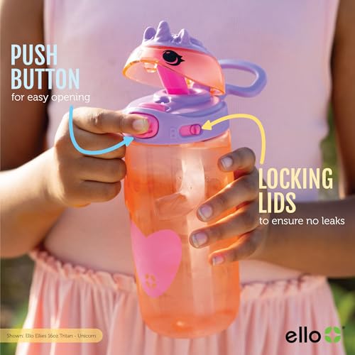 Ello Ellies 16oz Plastic Kids Water Bottle with Straw and Built-in Carrying Handle and Leak-Proof Locking Lid for School backpack, Lunchbox and Outdoor Sports, Cat