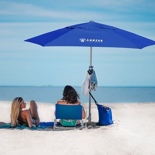 AMMSUN 8ft Large Beach Umbrellas for Sand Heavy Huty Wind Portable Commercial Grade Patio Beach Umbrella with Sand Anchor Adjustable Height Air Vent UPF 50+ Telescoping Pole without tilt Dark Blue