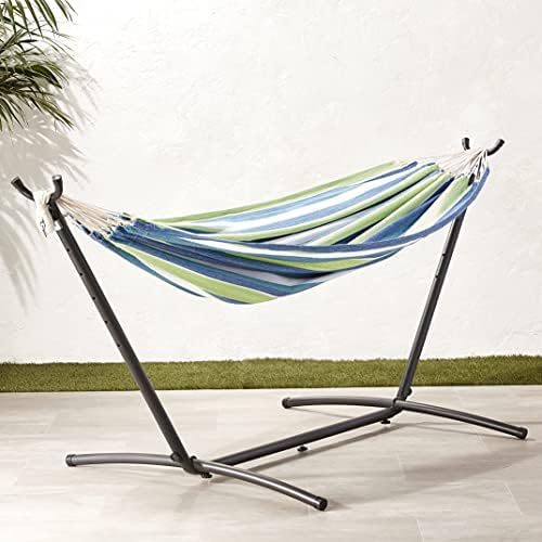 Amazon Basics Double Hammock with 9-Foot Space Saving Steel Stand and Carrying Case, 450 lb Capacity, Oasis Stripe, 110 x 47 x 43 inches