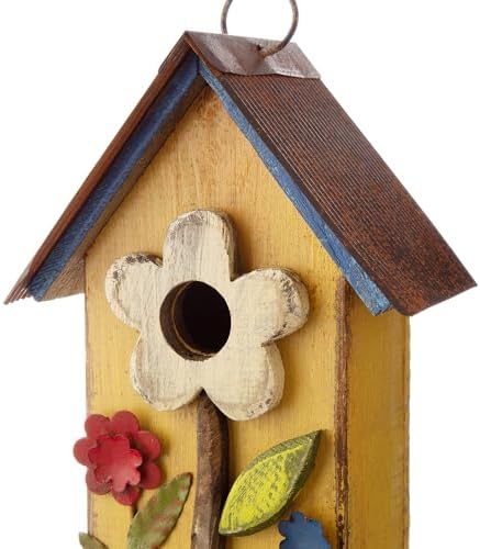 Glitzhome 10.2" H Hanging Bird House for Outdoor Patio Garden Decorative Birdhouse Pet Cottage Distressed Wooden Birdhouse, Yellow Flower