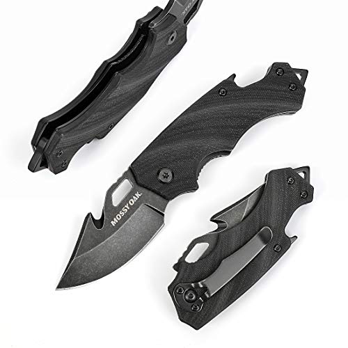 Mossy Oak Mini Folding Pocket Knife, 2.5-inch Stainless Steel Drop Point Blade - G10 Handle EDC Multifunction Tool with Bottle Opener and Glass Breaker (Black)