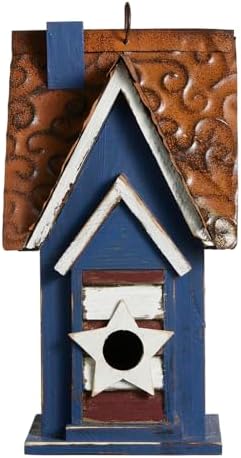 Glitzhome 12.25" H Patriotic Solid Wood Hanging Birdhouse for Outside, Decorative Pet Cottage Villa Distressed Wooden Bird House with 3D Star for Garden Patio Backyard