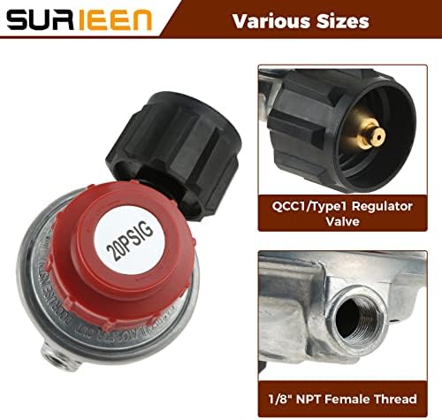 0-20 PSI Adjustable High Pressure Propane Regulator Valve Kit, QCC1/Type1 Regulator Valve Kit with 1/8" NPT Male to 1/4" & 3/8" Male Flare Fitting, 1/4" & 5/16" Hose Barb Connector
