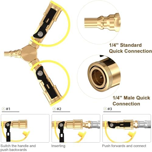 1/4" RV Propane Quick Connect Y Splitter Adapter with Shutoff Valve for RV Trailer, Quick Connect Propane Hose Connect to Motorhome Tabletop Camping Grill 2 Way 1/4" Quick Disconnect Kit