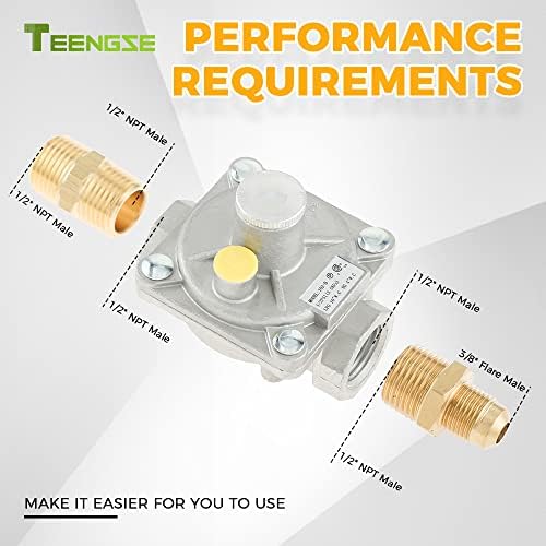 1/2" Natural Gas and Liquefied Interchange Pressure Regulator, Natural Gas Pressure Regulator with 2 Brass 1/2" NPT conversion adapter for NG/LPG Applications