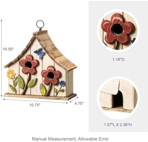 Glitzhome Hanging Birdhouses for Outside,10.75" L Distressed Solid Wood Birdhouse with 3D Flowers Rustic Two-Story Townhouse Hand-Painted Bird Houses for Outdoors,Washed White