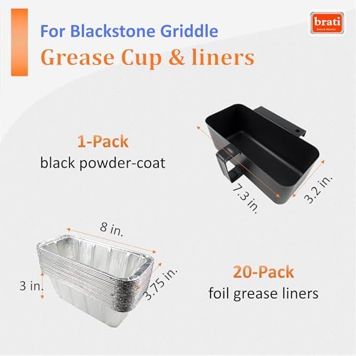 brati Upgrade Rear Grease Cup Replacement for Blackstone 17in 22in 28in 36in Griddle, Grease Tray with 20-Pack Grease Cup Disposable Liners