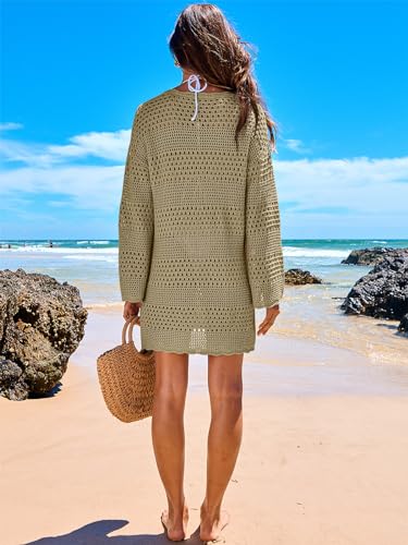 ANRABESS Women Swimsuit Crochet Swim Cover Up 2024 Summer Bathing Suit Swimwear Mesh Knit Beach Dress Vacation Outfits Khaki Small