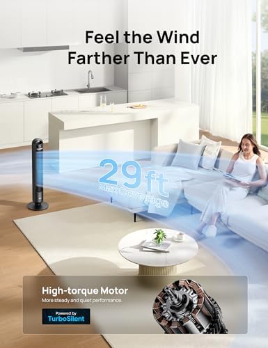 Dreo Tower Fan for Bedroom, 90° Oscillating Standing Fans for Room with 4 Speeds, 3 Modes, 28dB Quiet for Sleep, 25ft/s Velocity, 8H Timer, Remote, Living Room, Office, Home, Black, TF117