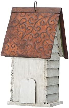 Glitzhome 12" H Washed White Distressed Solid Wood Cottage Birdhouse Hanging Bird House for Outdoors