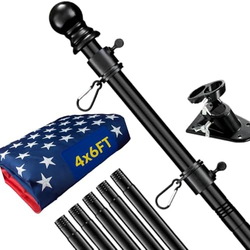 American Flag with Pole for Outside - 6FT Heavy Duty Tangle Free Flagpole Kit,4x6FT Embroidered Stars US Flag, 2 Position Metal Mounting Holder for House, Front Porch, Outdoor Patriotic Display