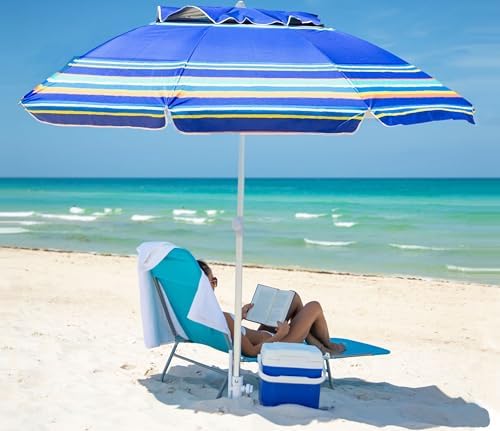 AMMSUN 7ft Heavy Duty High Wind Beach Umbrella Parasols with Sand Anchor Vent Tilt UV 50+ Sun Protection Portable Outdoor Sunshade Umbrellas Carry Bag for Patio Garden Pool Backyard Blue