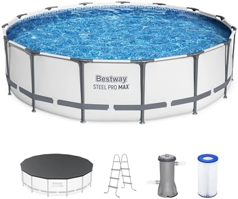 Bestway Steel Pro MAX 15" x 42" Round Above Ground Swimming Pool Set Outdooor Metal Frame Family Pool with Filter Pump, Ladder, and Cover