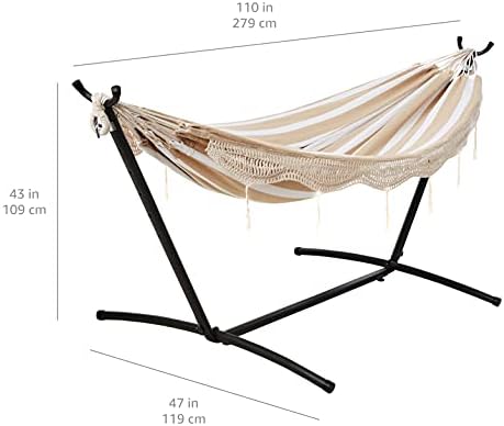 Amazon Basics Double Hammock with 9-Foot Space Saving Steel Stand and Carrying Case, 450 lb Capacity, Beige Stripe with Lace, 110 x 47 x 43 inches