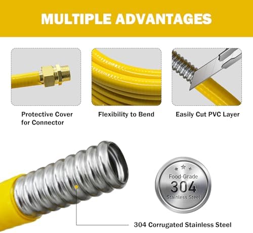 1/2" CSST Gas Line 33ft Flexible Gas Line,Corrugated Stainless Steel Tubing with 2 Male Fittings for Natural Gas and Propane