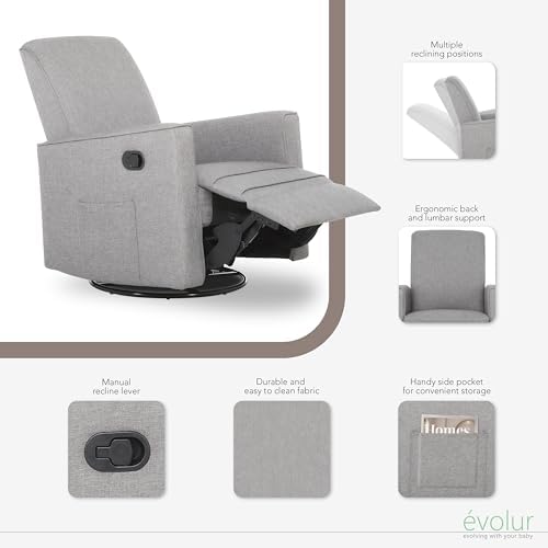 Evolur Raleigh Glider in Light Grey, Upholstered Plush Seating 360° Swivel Glider Rocking Chair, FSC Certified, Greenguard Gold & JPMA Certified Nursery Glider Recliner
