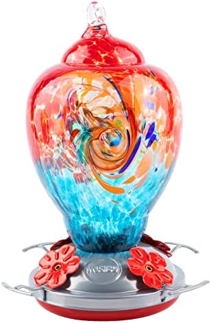 WOSIBO Hummingbird Feeder for Outdoors Patio Large 32 Ounces Colorful Hand Blown Glass Hummingbird Feeder with Ant Moat Hanging Hook, Rope, Brush and Service Card (Red-Blue)