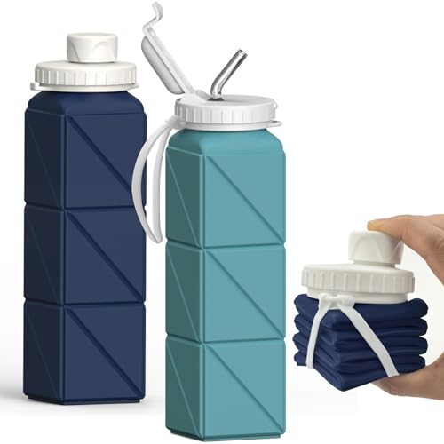 BEAUTAIL Collapsible Water Bottles 2 Pack, Silicone Foldable Portable Water Bottle 610ml, Lightweight Reusable Leakproof for Travel Camping Hiking Cycling Yoga Sports Outdoor (Dark Blue+Blue)