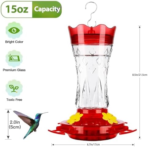 Hummingbird Feeders for Outdoors Hanging, BOLITE Glass Hummingbird Feeder, 4 Bee Guard Feeding Ports, Built-in Ant Moat, Leak Proof, 15 Ounces, Stars Decor, Red, 2 Pack, Gifts for Women Men