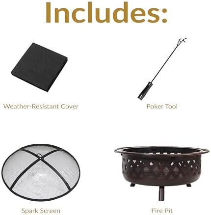Sunnydaze Crossweave Outdoor Fire Pit - Wood-Burning Fire Pit for Outside with Spark Screen, Poker and Round Cover - 36-Inch - Bronze