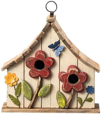 Glitzhome Hanging Birdhouses for Outside,10.75" L Distressed Solid Wood Birdhouse with 3D Flowers Rustic Two-Story Townhouse Hand-Painted Bird Houses for Outdoors,Washed White