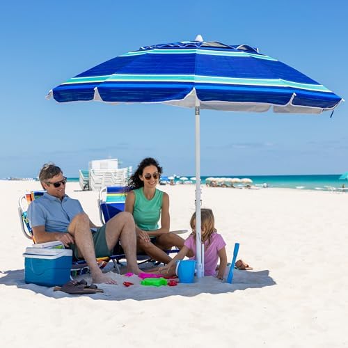 AMMSUN 8 Feet Large Beach Umbrella with Sand Anchor Heavy Duty High Wind Portable Outdoor Umbrellas UV 50+ Protection Air Vent Tilt Patio Garden Pool