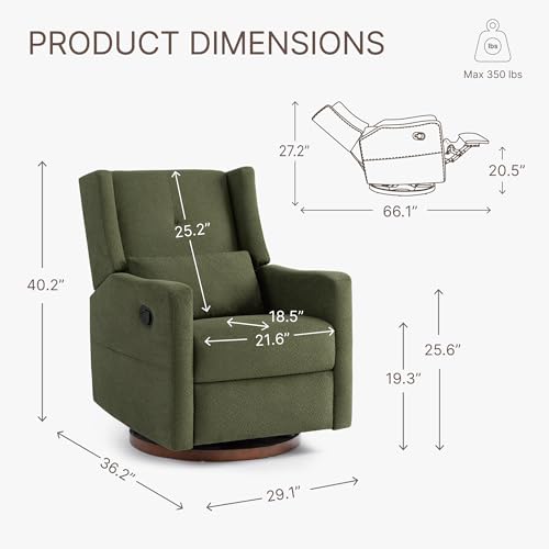 KISLOT Upholstered Recliner Swivel Glider Nursery Chair Reclining Performance Fabric Rocker with Wood Base,Boucle,Moss Green
