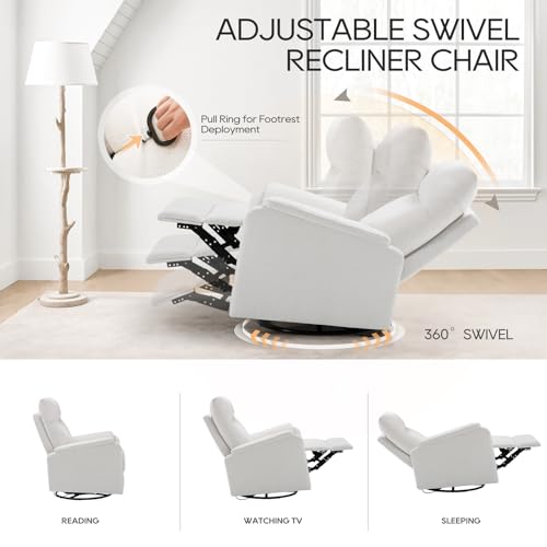 COLAMY Swivel Rocking Recliner Chair, Nursery Rocker Glider Recliner with Extra Large Footrest, Deep Seat, High Back, Upholstered Fabric Reclining Single Sofa for Living Room-White