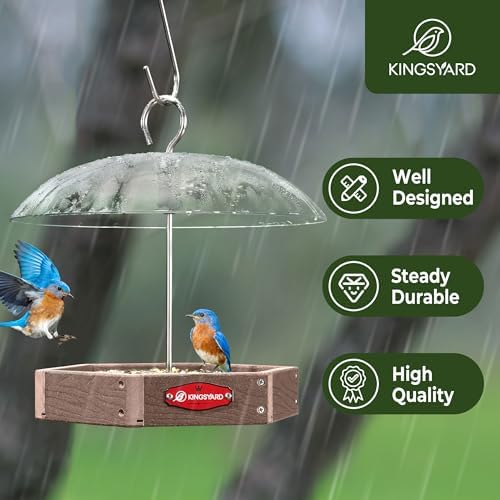 Kingsyard Platform Bird Feeder for Outdoor Hanging - Rugged Recycled Plastic Wild Bird Feeding Station with Adjustable Dome & Metal Mesh Tray, Brown